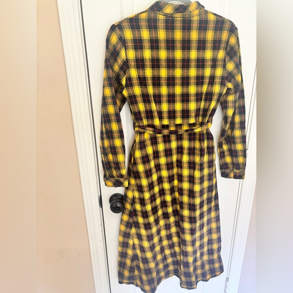 L&B Yellow Plaid Button-Up Belted 100% Cotton Dress Western Cowgirl Medium - Picture 5 of 6